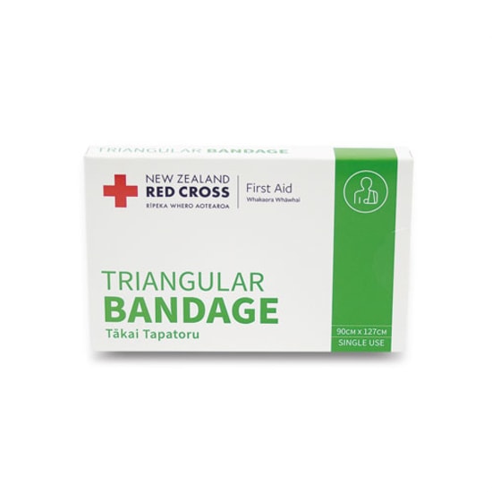 Red Cross triangular bandage measuring 90 x 127cm, ideal for creating slings and providing injury support in first aid.
