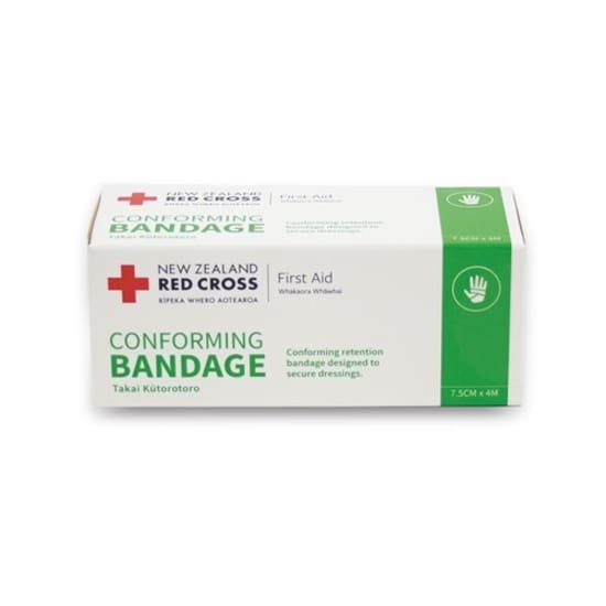 Red Cross conforming bandage, 7.5cm x 4m, soft and stretchy for comfortable dressing support in first aid situations.