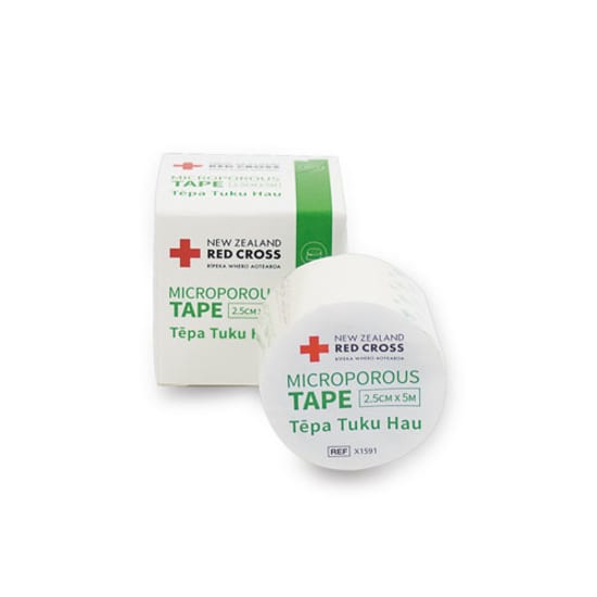 Red Cross Microporous Tape 2.5cm x 5m, non-stretch, low-allergy, easy-tear support tape for sensitive skin and injuries.