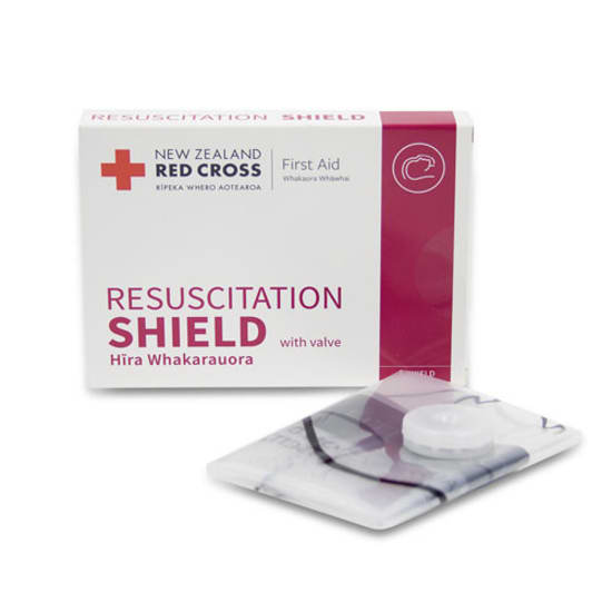 Red Cross Resuscitation Face Shield in packet, featuring a one-way valve for safe mouth-to-mouth resuscitation and infection prevention.