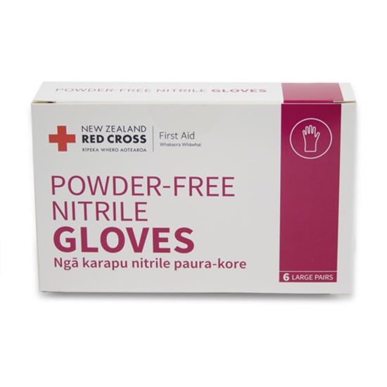 Blue nitrile gloves in a box of 6, latex-free, chemical-resistant, perfect for first aid kits and emergency readiness.