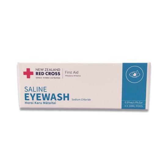 Red Cross Saline Eye Wash Pods in a 4-pack, ideal for soothing minor eye irritations with 0.9% Sodium Chloride solution.