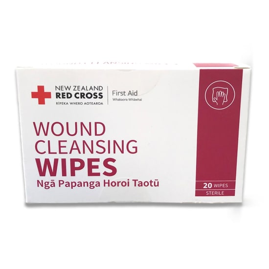 Red Cross Wound Cleansing Wipes in a box of 20, gentle saline wipes for cleansing cuts and scrapes, ideal for first aid.