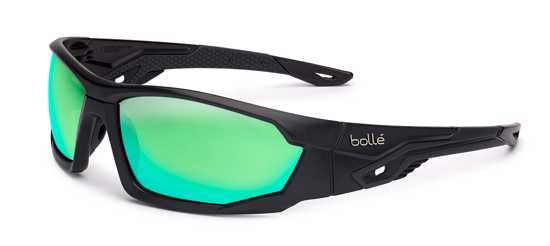 Bolle Mercuro Safety Glasses in green flash, polarized lenses, ultra-wraparound frame, anti-scratch, 99.9% UV protection.