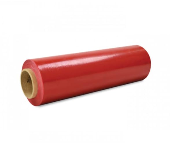 Integrated hand stretch wrap film in vibrant red, 300mm x 500m, providing heavy-duty protection and superior stretchability.
