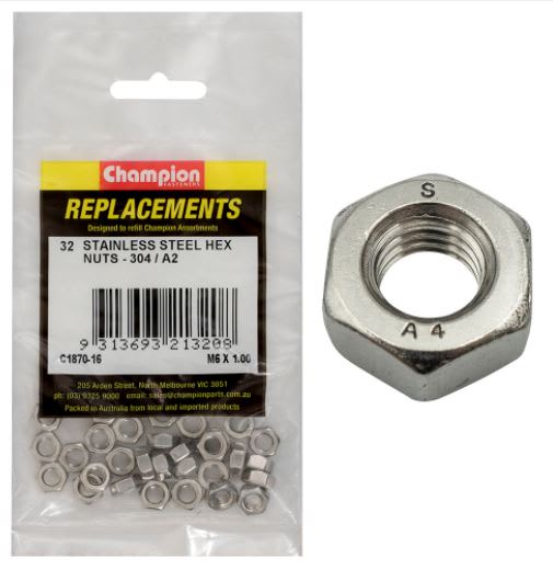 M6 x 1.00 Stainless Hex Nut 304/A2 -32pk