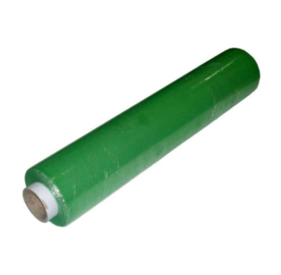 Green SRS hand stretch wrap film roll, 25mu thick, 500mm wide, 300m long, ideal for secure packaging and pallet identification.