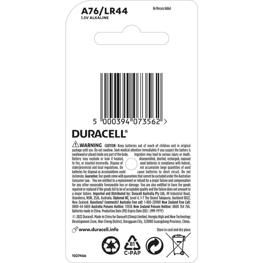 Duracell Batteries 1.5v Alkaline Lr44 4pack