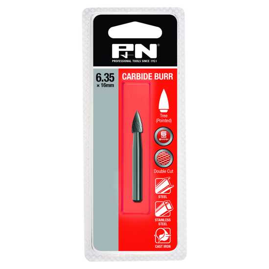P&N Double CutCarbide Burrs Tree Shape Pointed End-6.35mm-6mm Shank (Each)