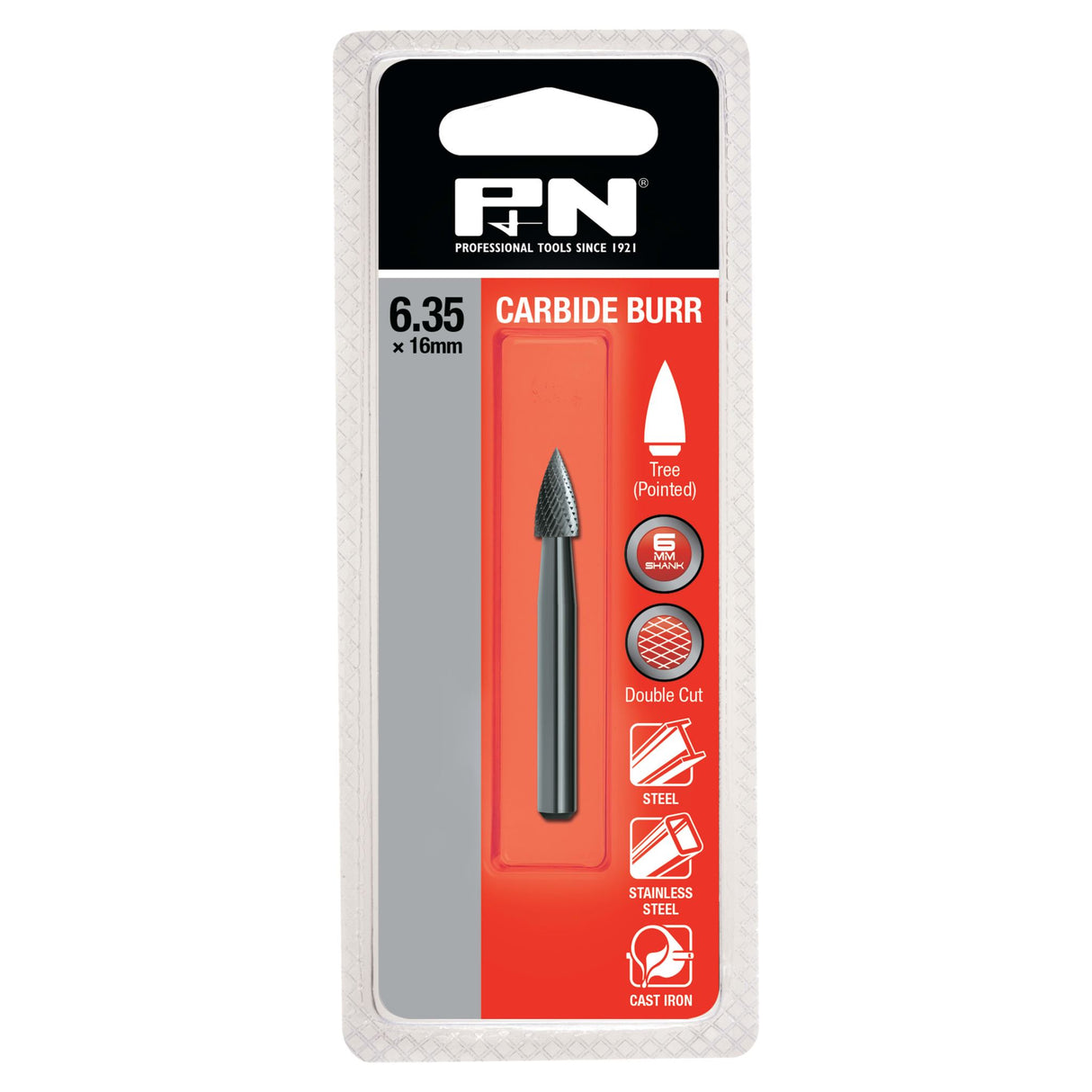 P&N Double CutCarbide Burrs Tree Shape Pointed End 6.35mm 6mm Shank