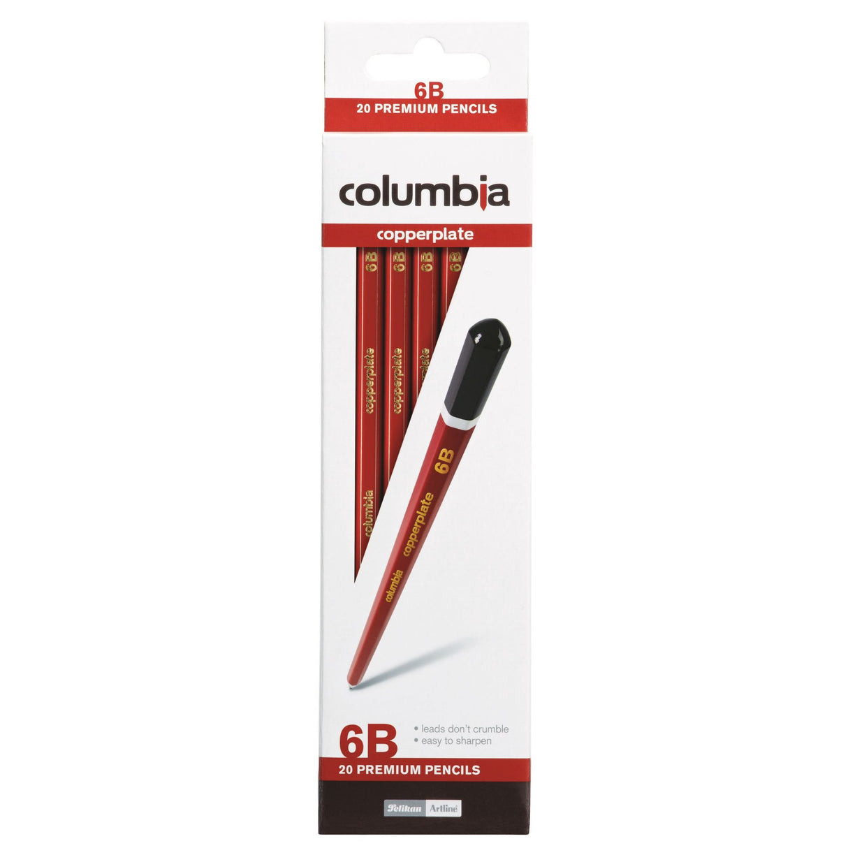 Columbia Copperplate 6B lead pencils in hexagonal design, featuring a red body and dark brown end, sold in a box of 20.