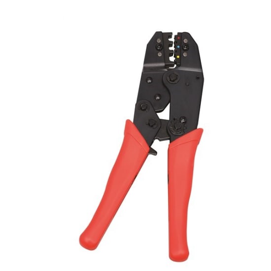 Toledo 220mm ratcheting crimping pliers with ergonomic handles, color-coded heads, and durable alloy steel construction.