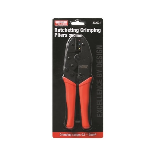 Toledo Ratcheting Crimping Pliers 220mm with ergonomic handles, ratcheting mechanism, and color-coded crimping head for efficient use.