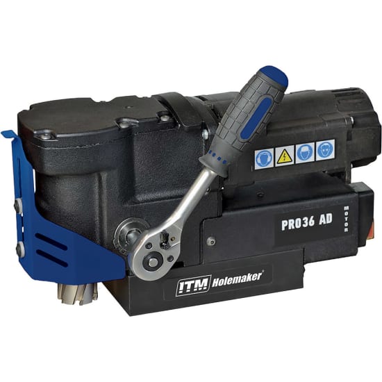 Ultra-low profile magnetic base drill for tight spaces, 1000W motor, drills up to 36mm diameter, includes metal carry case.