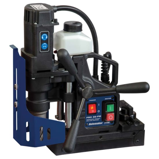 Holemaker HMPRO35PM magnetic base drill with permanent magnet, 35mm capacity, compact design, and gravity feed coolant system.