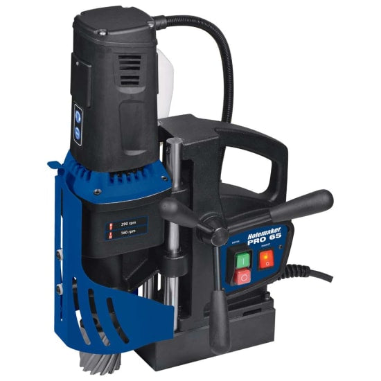 Image of Holemaker HMPRO65 magnetic base drill, featuring a 1600W motor, dual rail slide, and compact carry case for metal drilling.