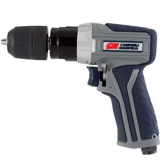 Powerful Campbell Hausfeld GSD-3/8" air drill with 30 ft-lbs torque, keyless chuck, 2000 RPM speed, and reversible operation.