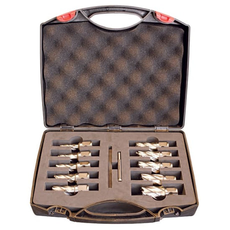 12-piece Holemaker S/SRS Annular Cutter set, featuring high-speed steel cutters for precise, burr-free drilling up to 25mm deep.
