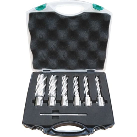 Holemaker 8-piece metric annular cutter set in high-speed steel, ideal for precise drilling in stainless steel and aluminum.