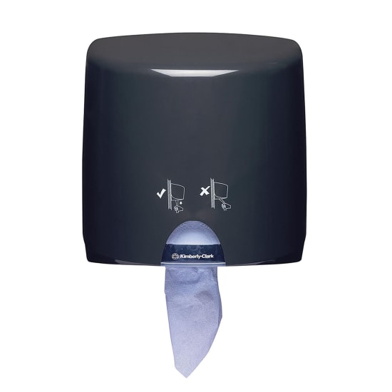 Grey Kimberly-Clark Aquarius Wiper Dispenser, wall-mounted, ABS plastic, for controlled dispensing of WypAll wipers in food areas.