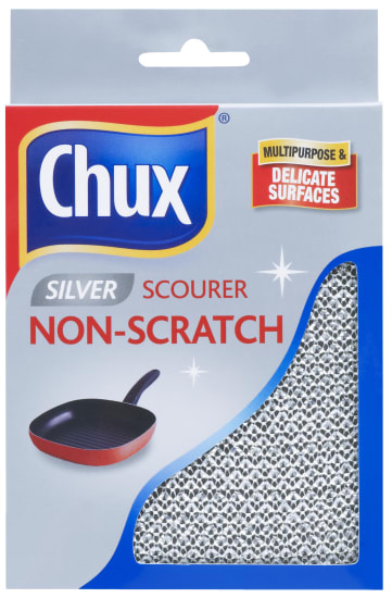 Chux Non Scratch Silver Scourer for delicate surfaces, featuring a unique weave for effective, scratch-free cleaning.