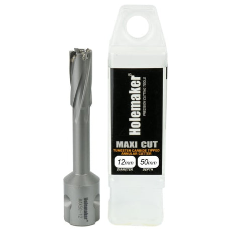 Tungsten Carbide Tipped 12mm annular cutter, 50mm depth, designed for tough materials like stainless steel and wear plates.