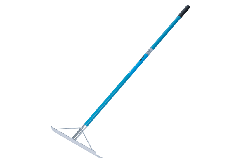 Lightweight OX Aluminium Concrete Rake (1500mm) with soft grip, 45-degree edge, ideal for moving wet concrete and aggregates.