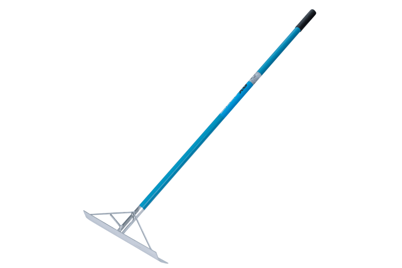 Lightweight 1500mm aluminium concrete rake with soft grip, 45-degree edge, designed for efficient concrete movement.