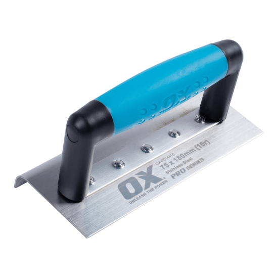 Stainless steel narrow concrete edger with 75mm blade, rivetted handle, and reversible grip for comfort and precision finishing.