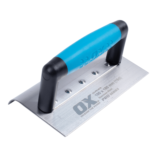 OX Stainless Steel Medium Edger features a 100mm x 180mm blade, 19-degree bevel radius, and riveted handle for durable, professional concrete finishing.