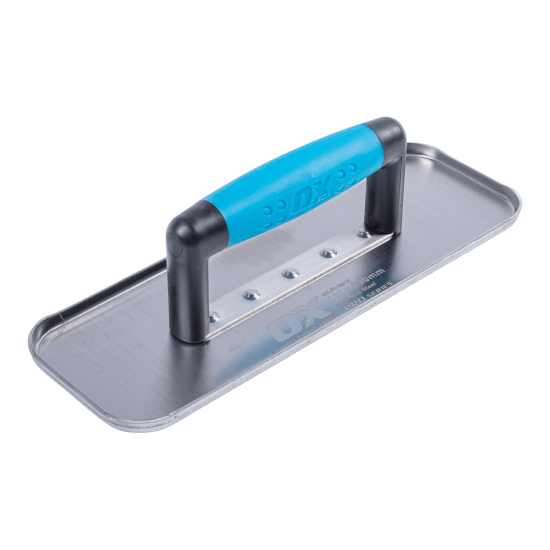 OX Stainless Steel All Sides Up Float, 100mmx290mm, features ergonomic grip for concrete finishing and gouging prevention.