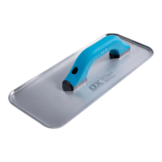 OX Stainless Steel All Sides Up Float, 150mm x 380mm, designed for smooth concrete finishes with a comfortable duragrip handle.