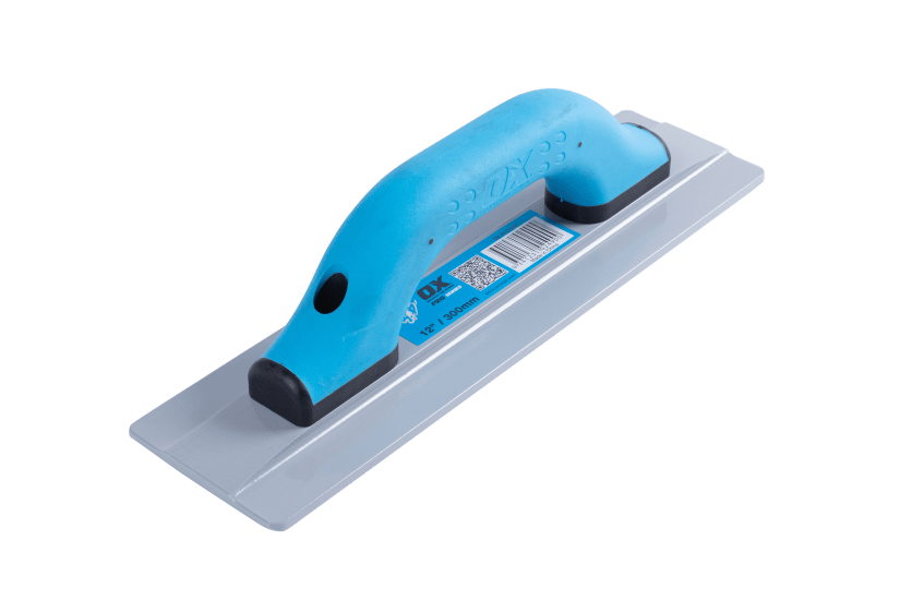 Magnesium float with beveled ends, rounded corners, and ergonomic handle for smooth concrete finishing.