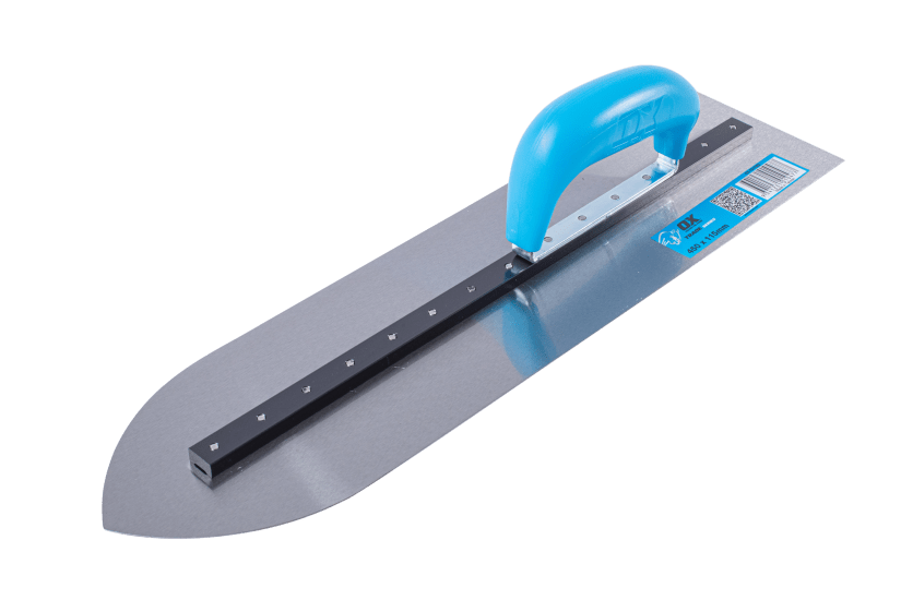 Pointed finishing trowel by OX Tools, 115mm x 450mm, durable carbo steel with ergonomic handle for precise concrete finishing.