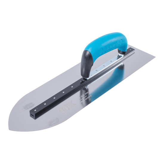 Alt text: OX Stainless Steel Pointed Finishing Trowel, 115mm x 405mm, featuring durable aluminium shank and ergonomic handle for precision use.