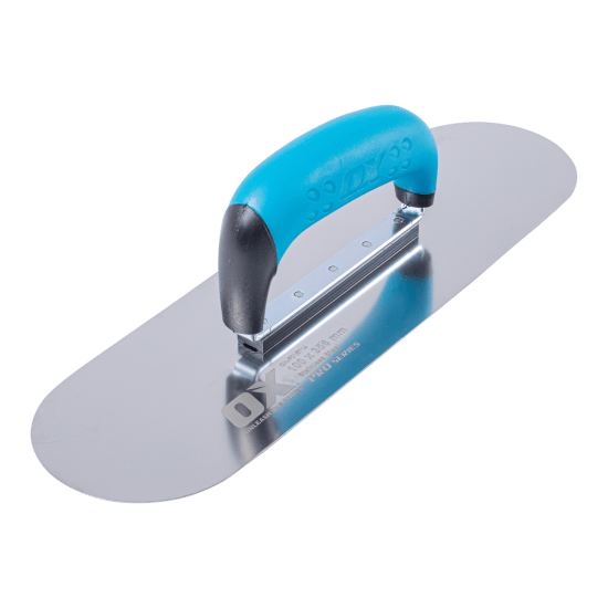 High-grade stainless steel flexible pool trowel, 100mm x 356mm, with durable aluminum shank and comfort grip handle.