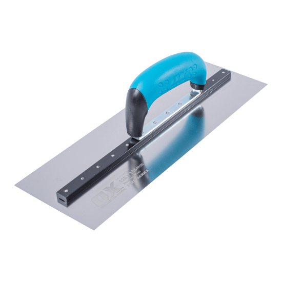 High-grade stainless steel trowel with durable aluminum shank and comfortable grip for precise concrete finishing.