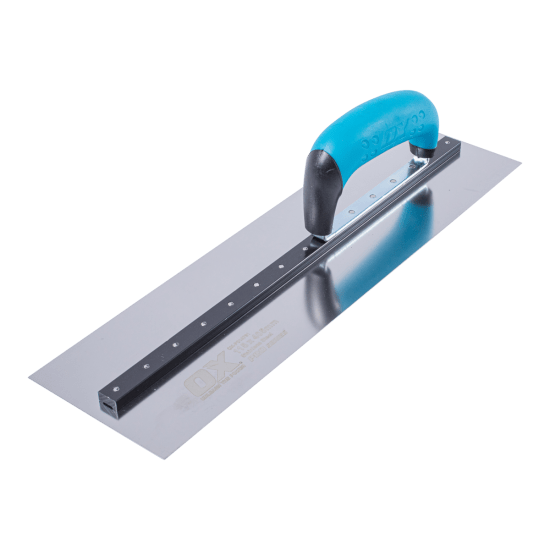 Professional OX Square Finishing Trowel (115mm x 405mm) with stainless steel blade and ergonomic Duragrip handle for smooth finishes.