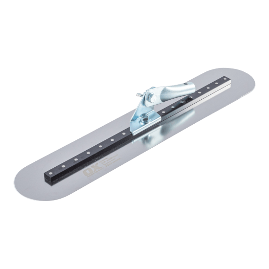 OX Stainless Steel Fixed Walking Trowel, 120mm x 600mm, durable tool for smooth concrete finishing with stability and rounded ends.