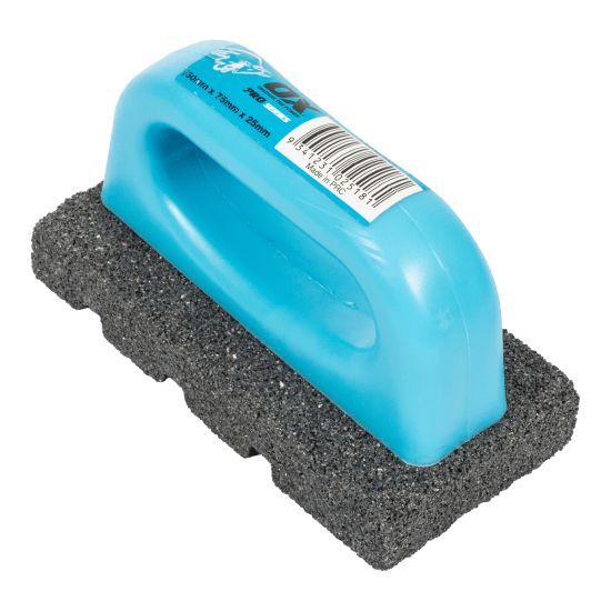 Durable OX Rub Brick with fluted silicone carbide base and contoured handle for precise surface smoothing and preparation.