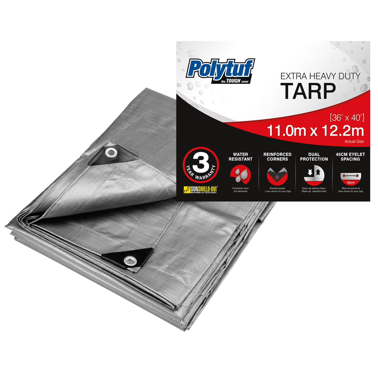 Polytuf Heavy Duty Silver and Black Tarpaulin 10.9 x 12.m