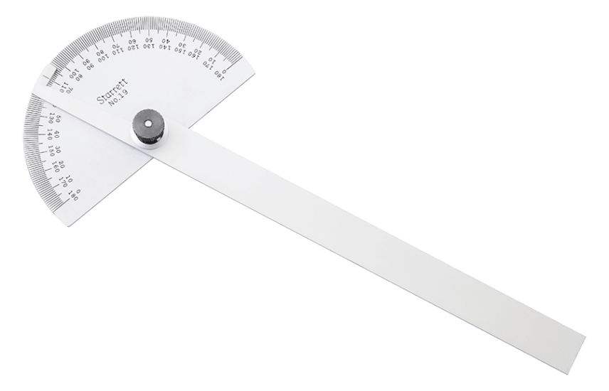 Starrett Steel Protractor C19-150mm with 6" blade for precise angle measurements, dual graduation, and rust-resistant finish.