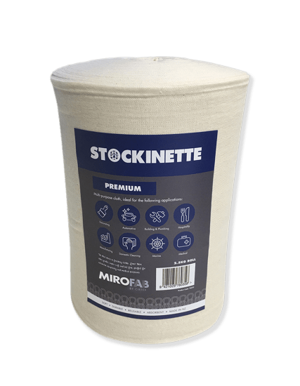 Premium white stockinette cleaning cloth roll (2.5kg) made of soft cotton, perfect for hygienic cleaning and car detailing.