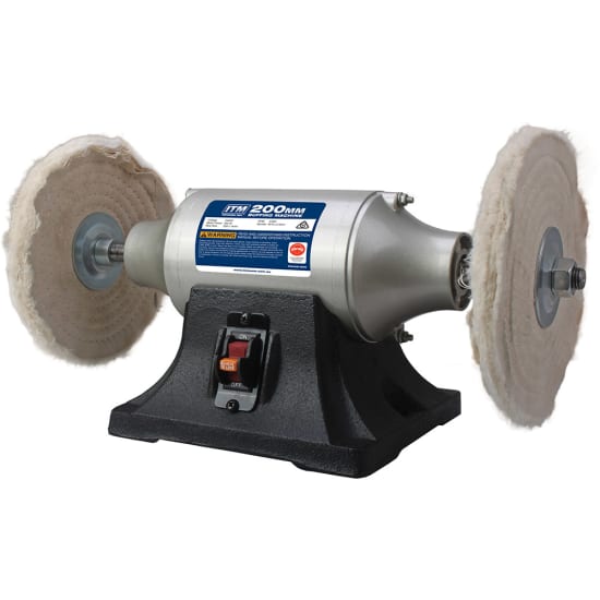 ITM Buffer Machine with 550W motor, safety switch, and cast iron build for efficient polishing of metals, woods, and plastics.