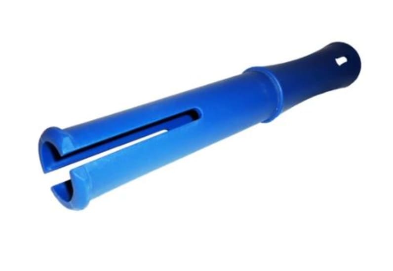 Ergonomic bundle wrap film dispenser handle in blue or red for efficient film dispensing and packaging tasks.