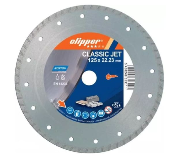 Norton Classic Universal Turbo Diamond Blade, 125x22.23mm, for precision cutting of tiles, bricks, and more in dry or wet conditions.
