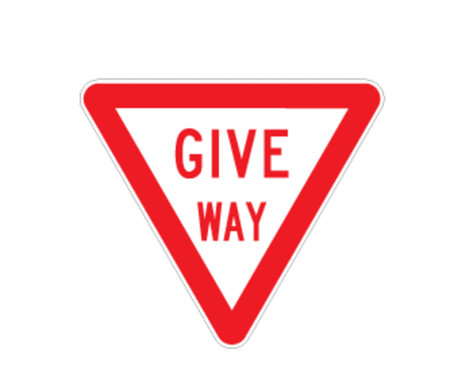 Priority Give Way sign, triangular shape, made of 2mm aluminium, measuring 865mm x 750mm for optimal visibility and road safety.