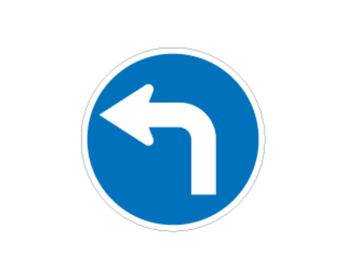 Circular 600mm Turn Left Arrow sign made of 2mm durable aluminum, compliant with NZTA standards for road safety.