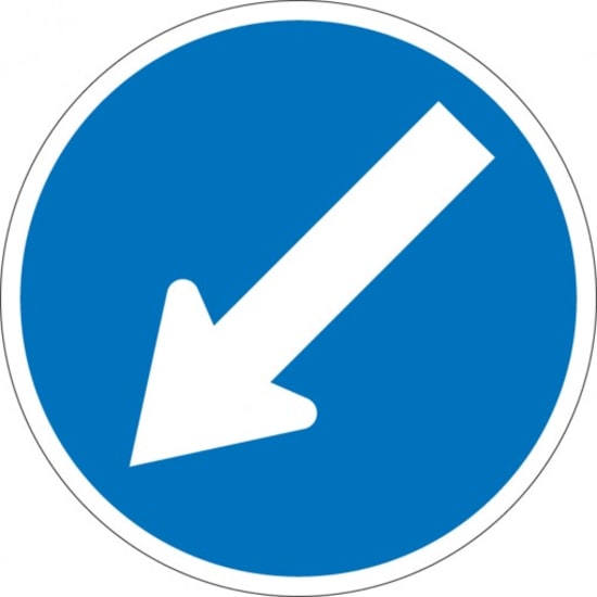 Circular Keep Left Arrow sign, 600mm aluminum, durable and compliant with NZTA regulations for road safety.