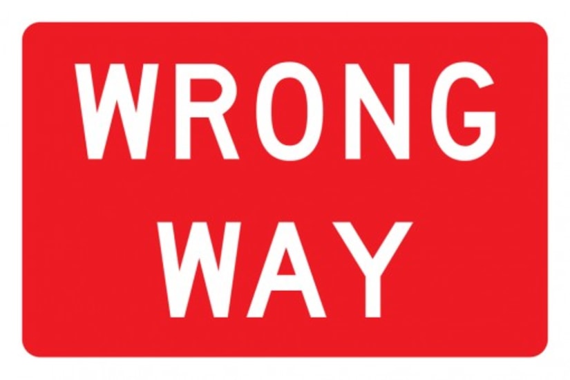 Directional SIGN | WRONG WAY, 900mm x 600mm, durable 2mm aluminium, ensuring road safety and compliance with NZTA standards.